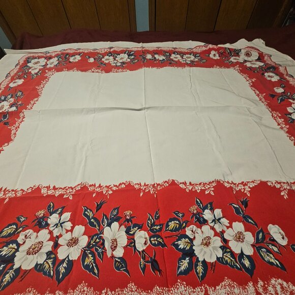 vintage beautiful tablecloth  red border with floral pattern approx 62x51 - Picture 2 of 7